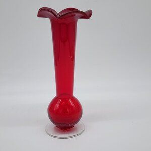 Handcrafted Red Glass Vase With Ruffled Edge & Glowing Effect Under Black Light
